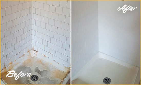 Before and After Picture of a Midlothian Shower Tile and Grout Cleaned to Remove Soap Scum