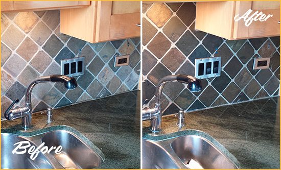 Before and After Picture of a Hopewell Backsplash Caulked to Fix and Prevent Water Leaks