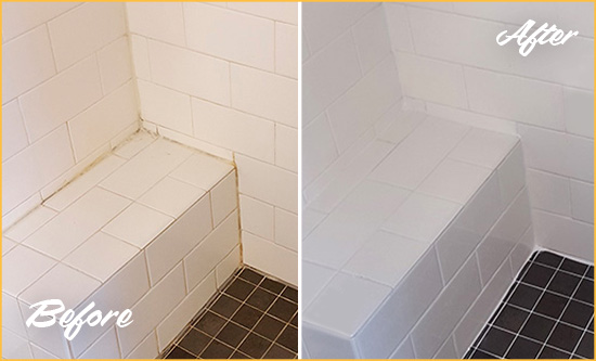 Before and After Picture of a Hopewell Shower Seat Caulked to Protect Against Mold and Mildew Growth