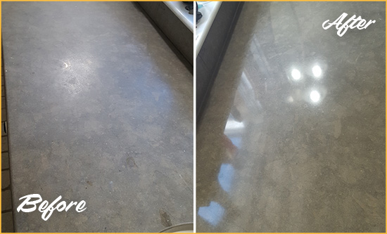 Before and After Picture of a Dull Midlothian Limestone Countertop Polished to Recover Its Color