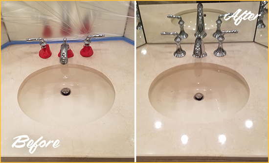 Before and After Picture of a Dull Midlothian Marble Stone Vanity Top Polished to Bring-Back Its Sheen