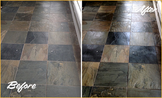 Before and After Picture of a Dull Midlothian Slate Floor Sealed to Bring Back Its Colors