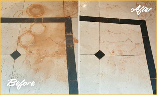 Before and After Picture of a Chesterfield Marble Floor Cleaned to Eliminate Rust Stains