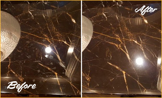 Before and After Picture of a Chesterfield Marble Countertop Cleaned to Remove Water Spots
