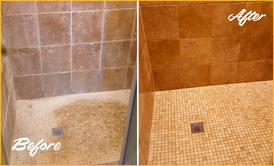 Before and After Picture of a Studley Travertine Shower Honed to Remove Mineral Deposits