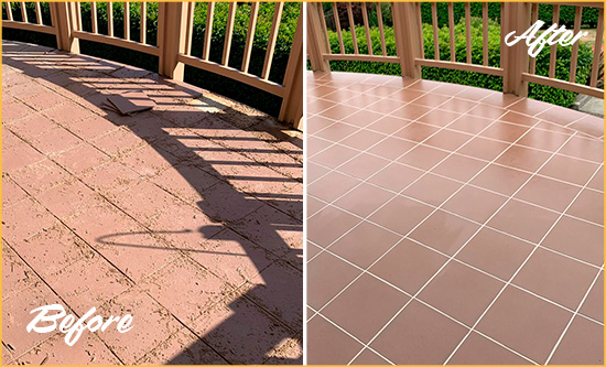 Before and After Picture of a Short Pump Hard Surface Restoration Service on a Tiled Deck