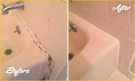Before and After Picture of a Chesterfield Hard Surface Restoration Service on a Tile Shower to Repair Damaged Caulking