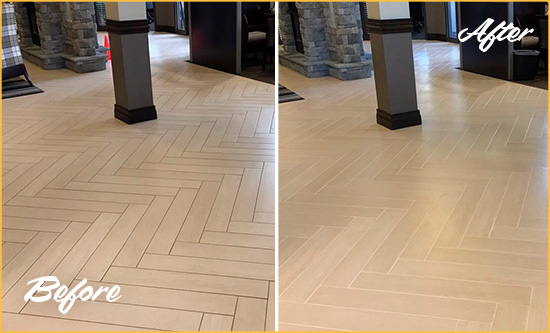 Before and After Picture of a Prince George Hard Surface Restoration Service on an Office Lobby Tile Floor to Remove Embedded Dirt