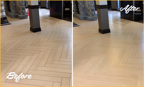 Before and After Picture of a Mechanicsville Hard Surface Restoration Service on an Office Lobby Tile Floor to Remove Embedded Dirt