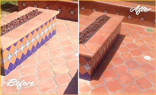Before and After Picture of a Short Pump Hard Surface Restoration Service on a Dull Terracotta Patio Floor to Recover Its Color
