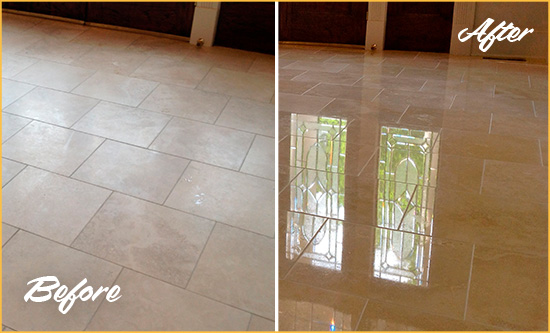 Before and After Picture of a Manakin-Sabot Hard Surface Restoration Service on a Dull Travertine Floor Polished to Recover Its Splendor
