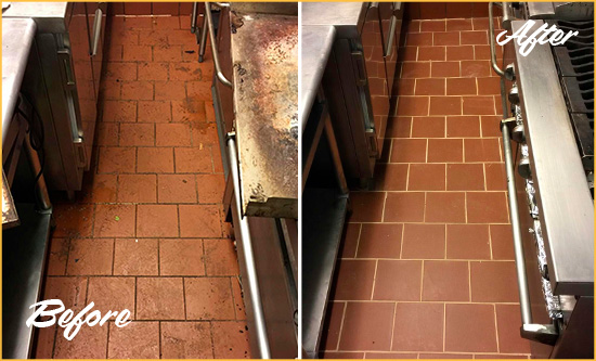 Before and After Picture of a Manakin-Sabot Hard Surface Restoration Service on a Restaurant Kitchen Floor to Eliminate Soil and Grease Build-Up
