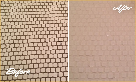 Before and After Picture of a Colonial Heights Hard Surface Restoration Service on a Bathroom Tile Floor Recolored to Fix Grout Color