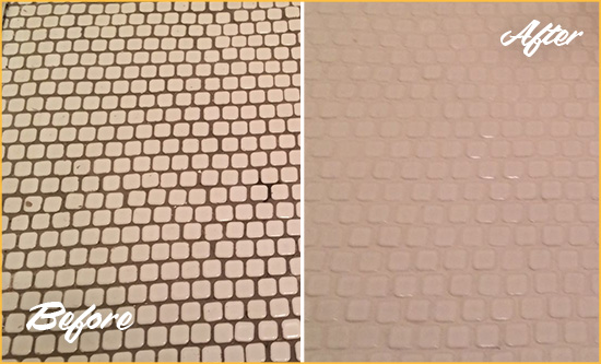 Before and After Picture of a Petersburg Hard Surface Restoration Service on a Bathroom Tile Floor Recolored to Fix Grout Color