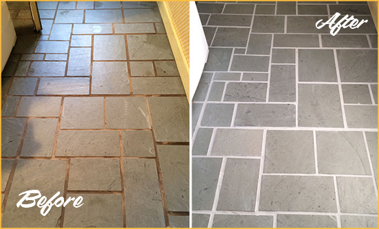 Before and After Picture of Damaged Midlothian Slate Floor with Sealed Grout