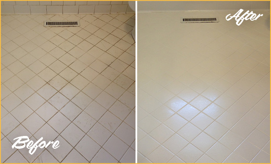 Before and After Picture of a Midlothian White Bathroom Floor Grout Sealed for Extra Protection