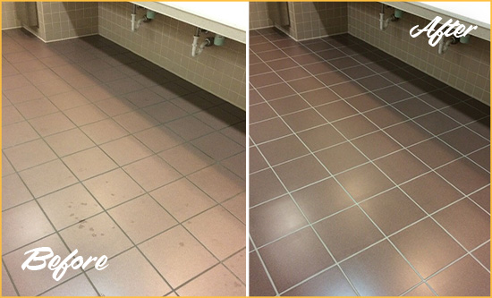 Before and After Picture of Dirty Midlothian Office Restroom with Sealed Grout