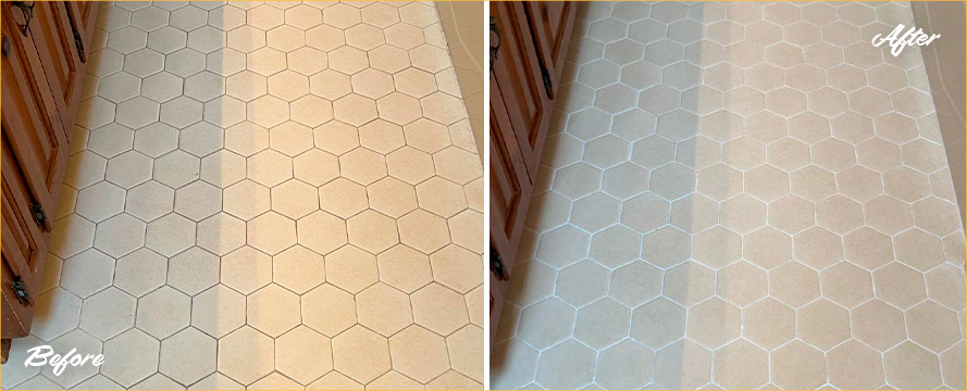 Floor  Before and After a Remarkable Grout Cleaning in Henrico, VA