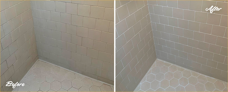 Shower Before and After a Remarkable Grout Cleaning in Henrico, VA