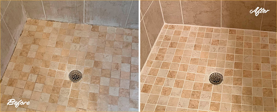 Shower Before and After a Superb Grout Cleaning in Chester, VA