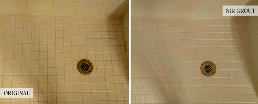 Shower Floor Before and After Our Petersburg Tile Cleaning Service