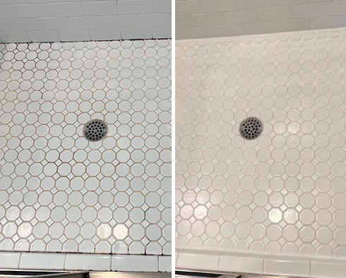 Shower Floor Before and After Our Hopewell Grout Sealing Service