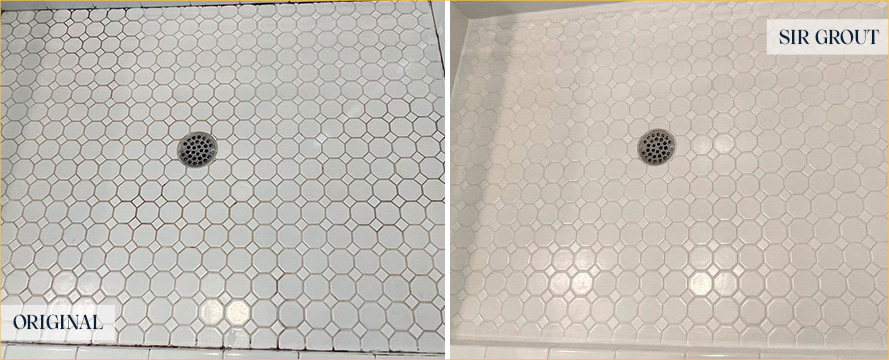 Shower Floor Before and After Our Hopewell Grout Sealing Service