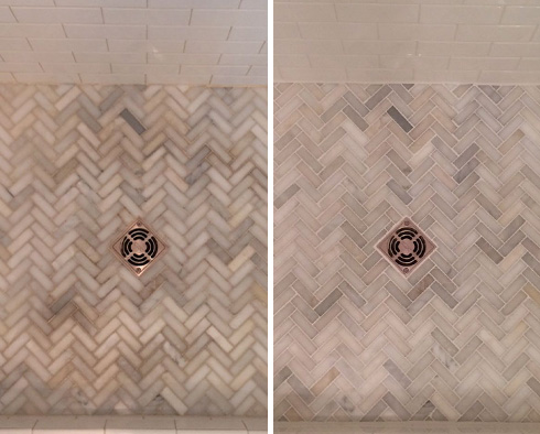 Shower Floor Before and After Our Chester Tile and Grout Cleaners Work