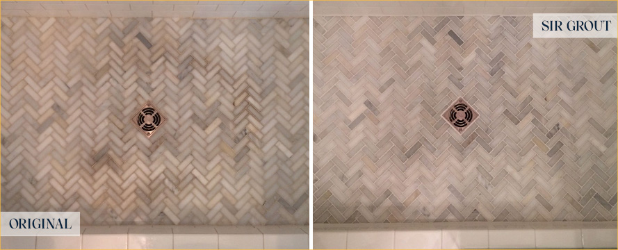 Shower Floor Before and After Our Chester Tile and Grout Cleaners Work