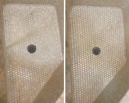 Shower Floor Before and After Our Hopewell Tile and Grout Cleaners Work