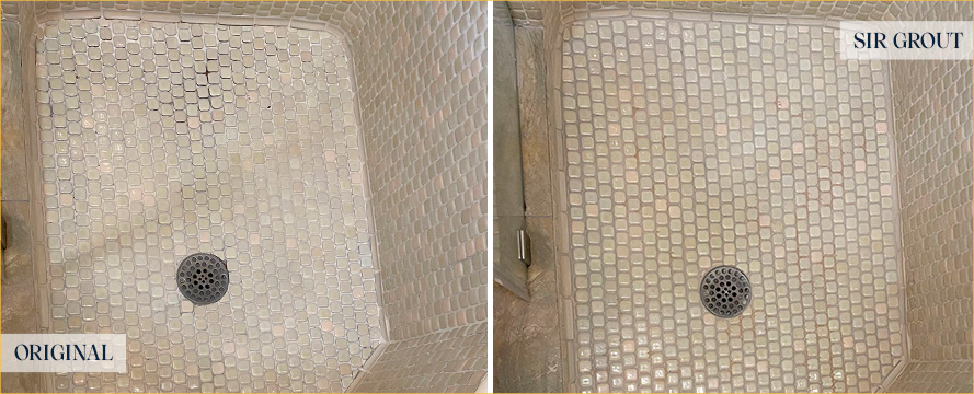 Shower Floor Before and After Our Hopewell Tile and Grout Cleaners Work