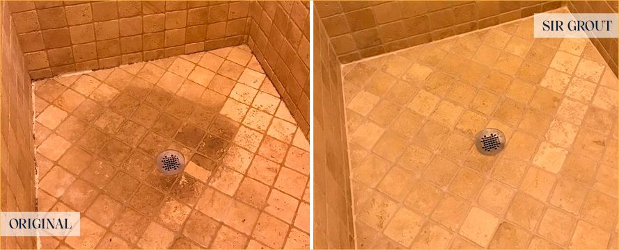 Stone Shower Floor Before and After Our Hopewell Stone Cleaning Service