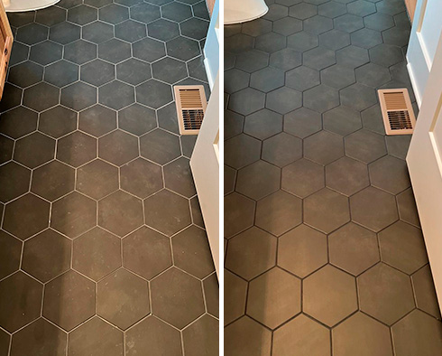 Ceramic Tile Floor Before and After Our Petersburg Grout Recoloring Service